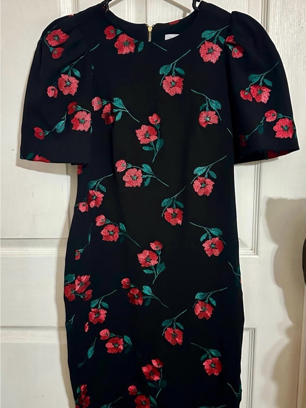 Calvin Klein Black Midi Dress with Red Floral Embroidery